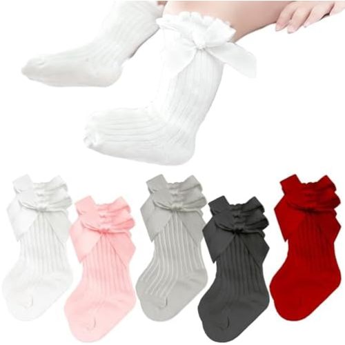 5 PCS Preemie Ruffle Long Socks Baby Knee High Cotton Socks Bows Stocking for Girls Infant Newborn