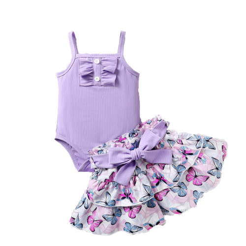 Happy Town Baby Girls Summer Outfits Sling Romper Butterfly Short Skirts Set for 3-24 Months
