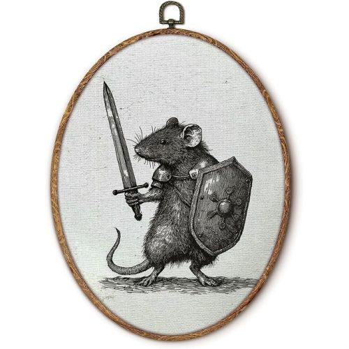 fZSZSD Vintage Rat Knight Oval Wall Art Decor, Antique Medieval Mouse with Sword Oval Framed Canvas Art Prints, Fantasy Animal Wall Hanging Decor for Bedroom Living Room Home, 8.5x11.5 Inch