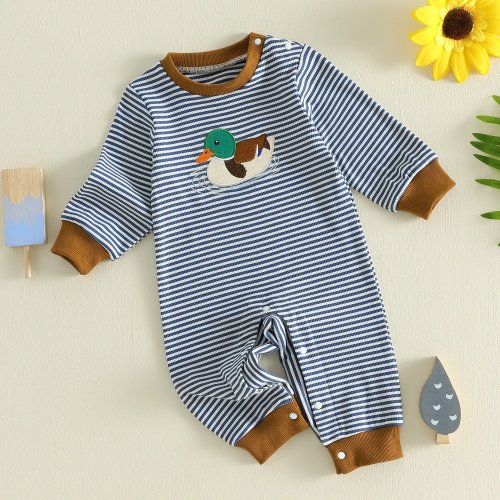 Baby Boy Sweatshirt Romper Casual Duck Embroidery Blue Striped Long Sleeve Round Neck Jumpsuit for Infant Toddler Cute Waffle Outfit Newborn Contrast Trim Fall Casual Bodysuit 0.0-59.06ft, Perfect for Outdoor