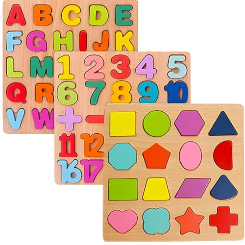 Wooden Puzzles for Toddlers 3-5, Montessori | 3 in 1 Wooden Puzzle, Alphanumeric Graphics Cognitive, for toddlers 3-5 make, natural wood, gift for a birthday