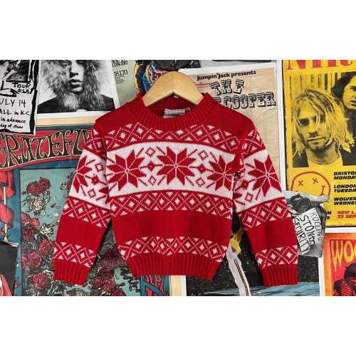 Vintage Baby Kids 90s Red White Knit Snowflake Argyle Wrap Around Print Pullover Jumper Sweater 12-18 Month Winter Ski Christmas Holiday