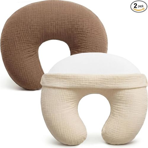 Pro Goleem Muslin Nursing Pillow Cover, 100% Cotton Soft Breathable Feeding Pillow Slipcover for Breastfeeding Moms, Fits Standard Infant Nursing Pillow, for Boys and Girls, 2 Pack (Brown＆Beige)