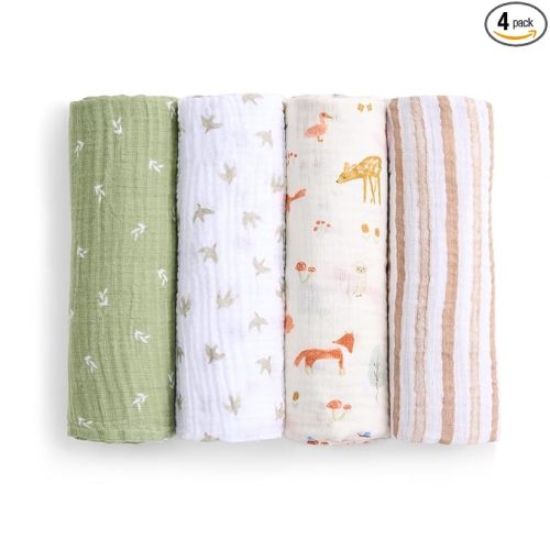 aden + anais Essentials Cotton Muslin Swaddle, Breathable Baby Blanket, Ideal for Boys, Girls, Newborns, Babies & Infants, Receiving Blanket, Soft and Lightweight Wrap, 4 Pack, Sage Woodland