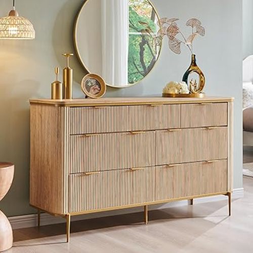 T4TREAM 7-Drawer Dresser Fluted Design, with Gold Accents (Natural Oak)