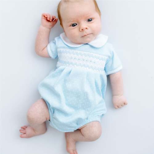 Luca's Classics Smocked Short Sleeve Bubble - Light Blue