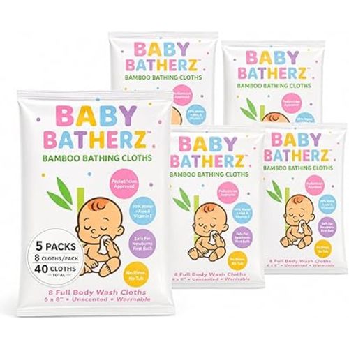 Baby Batherz™ Premium Newborn Bathing Cloths – No-Rinse Full Body Baby Bath, Safe for Umbilical Cord Care, Newborn Bath No-Tub, Warmable, New Mom Essential, Not Diaper Wipes. 40 Total (5 Packs)