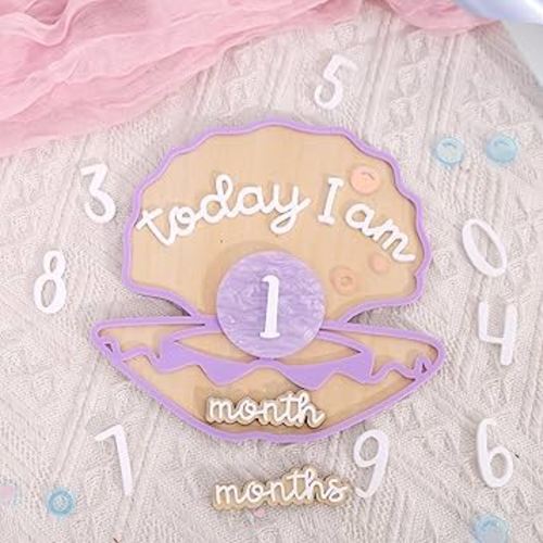 Wooden Mermaid Monthly Milestone Cards - Seashell Newborn Baby 1-12 Months Milestone Set, Baby's First Year Set, Mermaid Nursery Decor (Purple Seashell Monthly Card)