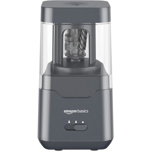 Amazon Basics Portable Electric Pencil Sharpener, Helical Blade, Auto Stop, Battery/USB Cord Operated, Black, 2.87 x 2.87 x 5.3 in