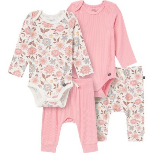 Modern Moments by Gerber Baby Girl 4-Piece Long Sleeve Bodysuits and Cozy Pants Set, Pink, 0-3 months