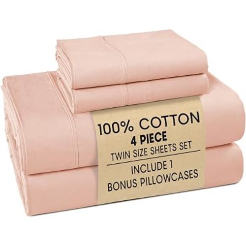Casa Platino 100% Cotton Twin Size Sheets Set – 4 Piece Crisp Percale Twin Size Cooling Sheets, Lightweight for Summer, with 15" Deep Pocket Fitted Sheet Nightly Comfort & Airy Sleep – Veiled Rose