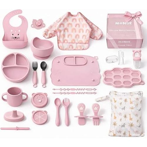 MONDE 25PCS Ultimate Silicone Baby Feeding Set, Complete Mealtime Baby-Led Weaning Essentials From Infant To Toddler, Bib, Smock, Sippy Cup, Dry Wet Bag, Placemat, Perfect Premium Gift Set (Pink)