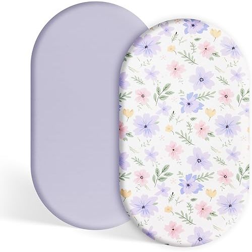 TILLYOU Baby Bassinet Sheets for Girls Boys, Fit for Hourglass Oval Rectangle Bassinet Mattress Sheets, 33”X16”, 2 Pack Brilliant Little Flowers and Purple