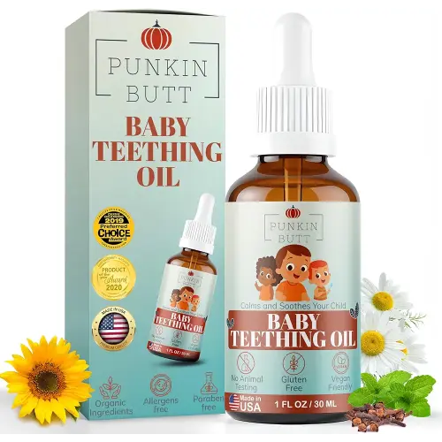 Punkin Butt - Natural Herbal Teething Oil for Babies - Daily Use Soothing Relief Drops | Baby, Infant, Toddler Gum & Tooth Relief | Organic Chamomile, Clove & Peppermint Infusion - 1oz with Dropper