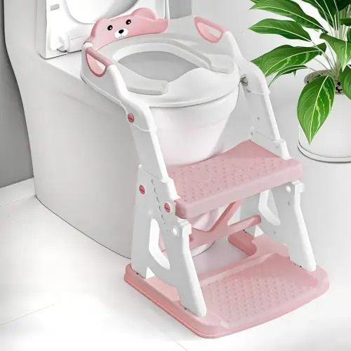 Potty Training Seat, 2 in 1 Potty Training Toilet with Step Stool for Boys Girls, Toddler Toilet Seat with Stabilizer Bar, Anti-Slip Pads and Splash Guard, Pink