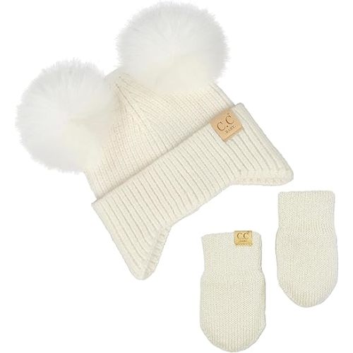 Funky Junque Baby Pom Beanie & Fleece Mittens Set - Warm Winter Essentials - Spring Colors, Classic Neutrals, Pattern Styles