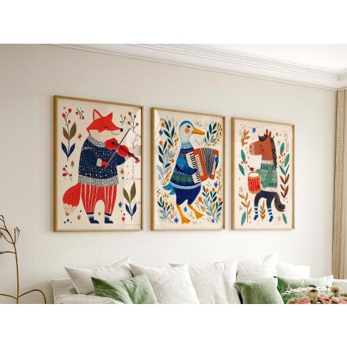 Kids Wall Art Set of 3, Musical Animals Prints, Nursery Decor, Fox Print, Goose and Horse, Playroom Wall Art 15