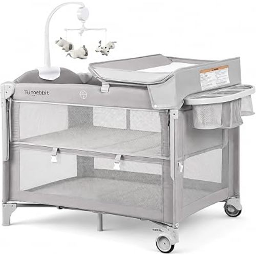 Rinnebbit 4-in-1 Pack and Play, Baby Bassinet Bedside Sleeper, Grey