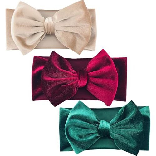 Christmas 3PCS Baby Girl Bows Baby Headbands Fall Velvet Bows for Baby Girls Newborn Handmade Elastic Hair Bows Headbands for Baby Infant Black Beige Pink (Beige+L-Green+Wine)