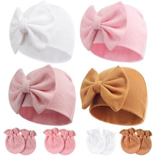 Newborn Baby Hats and Mittens Set Infant Bow Beanie Cap Toddler Gloves Newborn Hospital Hats for Baby Boy Girl 0-6 Months