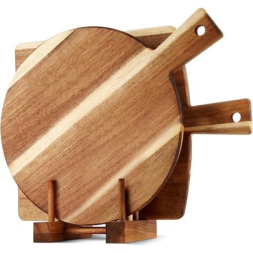 2 Pack Acacia Wood Cutting Board with Stand, Charcuterie Boards for Kitchen, Round & Rectangular Wooden Cutting Board Set for Cheese, Meat, Pizza, Vegetables, Bread(16 x 12 Inch)