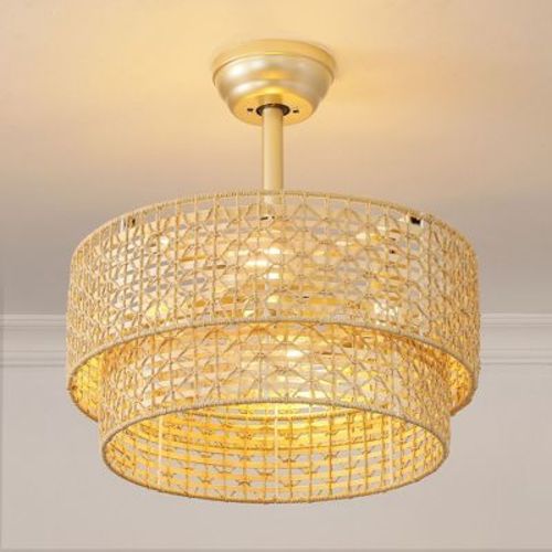 KAISITE 19" Boho Caged Ceiling Fan with Light & Remote, Rattan Drum Fan for Cozy Bedroom Ambiance