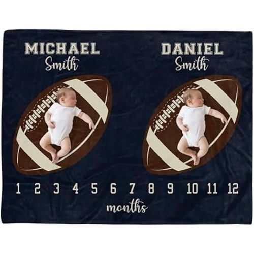 Twin Baby Milestone Blanket Personalized, Football Theme for Twin Boys, Monthly Growth Photo Prop, Custom Name Blanket, New Mom Gift, for Twins