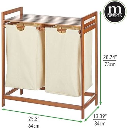 mDesign Freestanding Bamboo 2 Section Double Laundry Organizer Hamper with Removable Storage Sorter Bags, Space-Saving Basket Duo with Handles for Clothes/Linens - Echo Collection - Vintage
