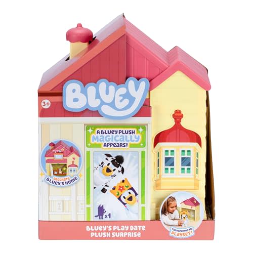 Bluey Play Date Plush Surprise, Decorate House with Stickers, Attach The Play Time Sign, Then Open The Door for a Surprise to Appear, Style May Vary