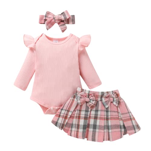 YOUNGER TREE Baby Girls Solid Romper Plaid Skirt Set with Bow & Headband