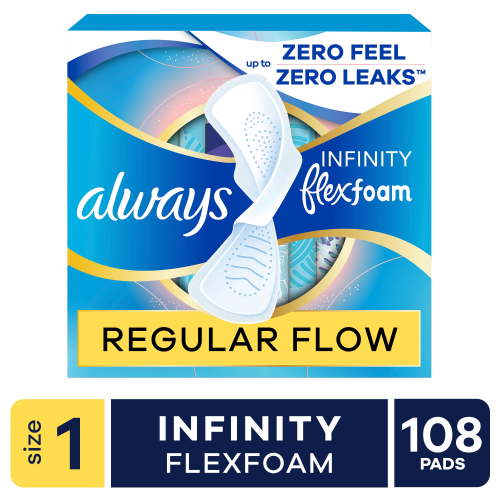 Always Infinity Feminine Pads for Women, Size 1 Regular, with Wings, Unscented, 108 Count