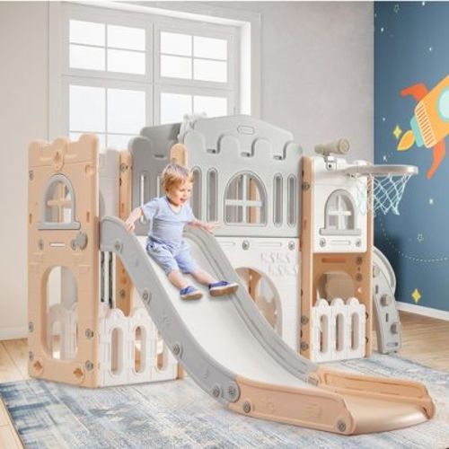COZONY 8-in-1 Toddler Slide Set with Basketball Hoop, Steering Wheel, Tunnel & Storage, Freestanding Playground