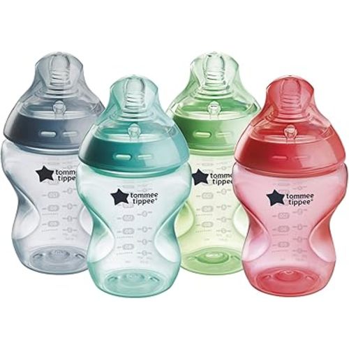 Tommee Tippee Natural Start Anti-Colic BPA Free Baby Bottles, 9oz, Slow-Flow Breast-Like Nipple for a Natural Latch, Designed for Seamless Transitions Between Bottle and Breast, Fiesta, Pack of 4