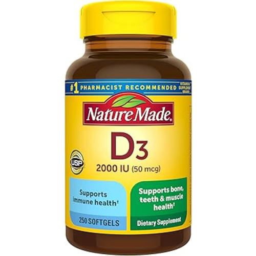 Nature Made Vitamin D3 2000 IU (50 mcg), Vitamin D Supplement for Bone, Teeth, Muscle and Immune Health Support, 250 Softgels, 250 Day Supply