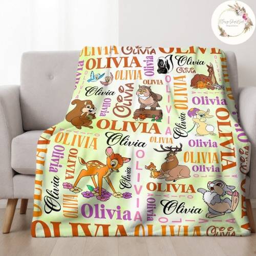 Personalized Watercolor Disney Bambi Blanket, Custom Name Bambi Birthday Boy/Girl Gift, WDW Disneyland Thumper Friend Owl Mrs. Rabbit Gifts