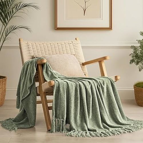 EverGrace Soft Chenille Throw Blanket for Couch, Cozy Plush Fuzzy Decorative Chenille Knit Throw Blanket with Tassels, Lightweight Blanket and Throws for Bed Sofa Gift Home Decor, Sage Green 50"x60"