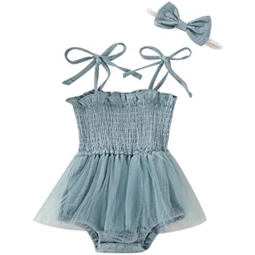 MERSARIPHY Newborn Baby Girl Summer Outfit Sleeveless Ruffle Smocked Halter Tulle Romper Dress One-piece Jumpsuit Clothes
