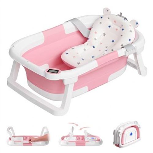 TUMAJUP Collapsible Baby Bathtub for Infants and Toddlers with Bath Net and Thermometer-Baby Pink