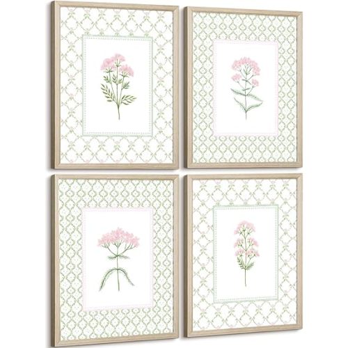 Nursery Girl Floral Wall Art Wildflower Baby Room Canvas Wall Decor Pink Green Flower Prints Poster Watercolor Pastel Botanical Picture Painting Nursery Artwork for Girls Bedroom 8x10x4 Inch Framed