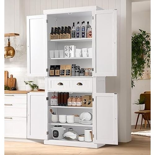 72" Kitchen Pantry Storage Cabinet, Freestanding Cupboard with 2 Cabinets, Drawer and Adjustable Shelves, Tall Storage Cabinet for Kitchen, Dinning Room, Living Room (White)
