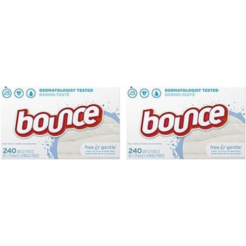 Bounce Free & Gentle Dryer Sheets, 240 Sheets, Unscented Fabric Softener Sheets, Hypoallergenic and Dermatologist Tested (Pack of 2)