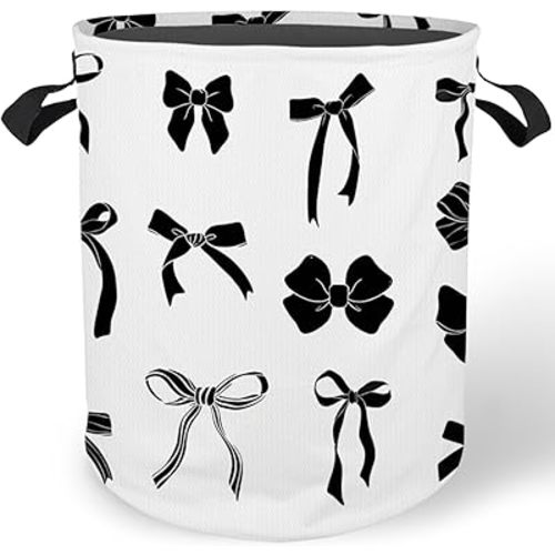 Coquette Black Bow Laundry Basket Hamper, Toybox for Girls, Preppy Bow Aesthetic Waterproof Collapsible Storage Bin Organizer for Bedroom Bathroom Girls Room Dorm Clothes Toys Books