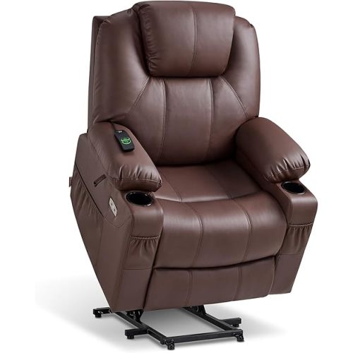 MCombo Electric Power Lift Recliner Chair Sofa with Massage and Heat for Elderly, 3 Positions, 2 Side Pockets, and Cup Holders, USB Ports, Faux Leather 7040 (Light Brown, Medium)