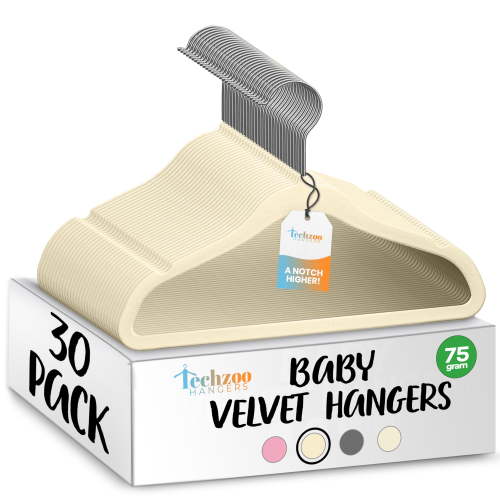 Techzoo Premium Baby Velvet Hangers 30 Pack – 11.8" Non Slip Felt Cloth Hangers for Closet – Ultra Slim, Space Saving Baby Clothes Hangers with 360° Swivel Hook Infant Hangers – Beige