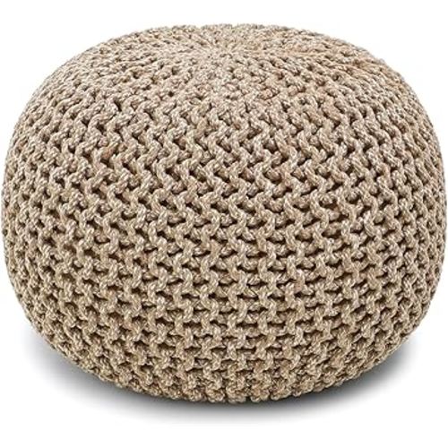 REDEARTH Round Pouf Ottoman - Hand Knitted Cable Boho Poof Home Décor Pouffe Circular Footrest for Living Room - Nursery - Bedroom - Lounge 100% Cotton (18”x18”x14”) - Beige Ivory
