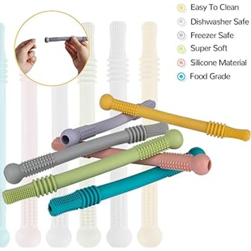 Fu Store Hollow Teether Tube Chew Straw Sensory Toy for Infant Toddlers Silicone Tubes Teething Toys for Babies 18-36 Months Gifts Learning Developmental Toys BPA Free Freezable 6 Pack