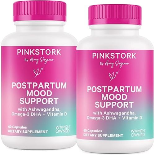 Pink Stork Postpartum Mood Support - Postnatal Hormone Balance for Women - Breastfeeding Friendly - Stress & Cognitive Support, New Mom Essentials - Ashwagandha, Chamomile, & Vitamin D, 120 Capsules
