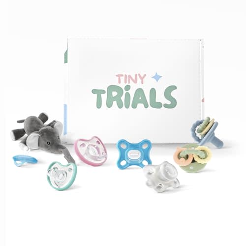 Pacifier Sample Box for Newborns & Infants 0–6 Months – 7 BPA-Free Silicone Pacifiers, 5 Styles Featuring MAM, Nuby, Dr. Talbot’s & Chicco – Gift-Ready Baby Registry Must-Have, Tiny Trials