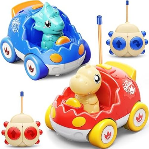 2 Pack Dinosaur Remote Control Cars Toys for Kids 2 3 4 5 Years Old, Easter Present Birthday Gifts for Boys and Girls Ages 2-5, Dino Race Car Toddlers Toys with Music and Light(Red Blue)