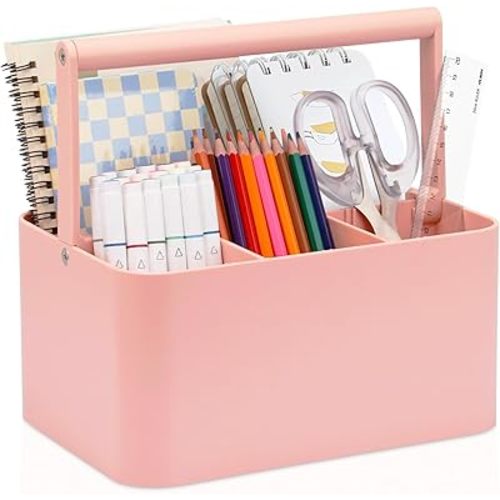 Multipurpose Caddy Organizer with Handle and Adjustable Divider, Portable Art Supply Storage Organizer for Art Craft Supplies, Dorm, Classroom, Office, Bathroom, Shower, Cleaning, Makeup (Pink)